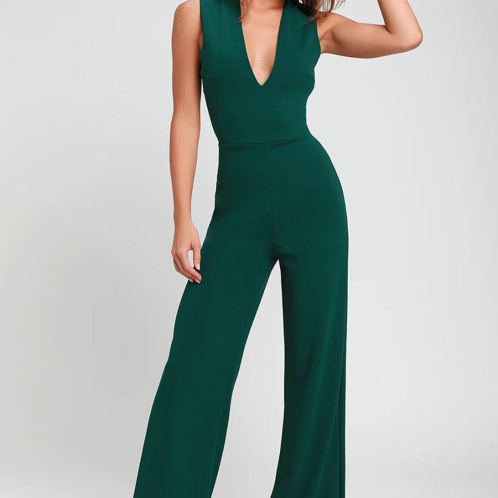 Lulus "Thinking Out Loud" Hunter Green Backless Jumpsuit